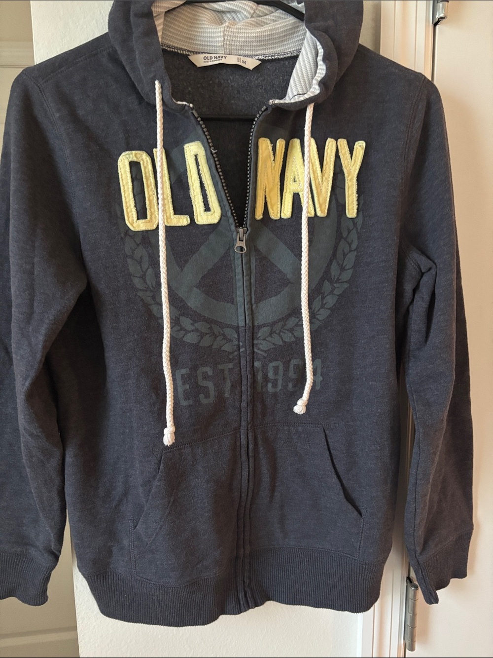 Old Navy Dark Gray Zip-Up Hoodie with Yellow Lettering